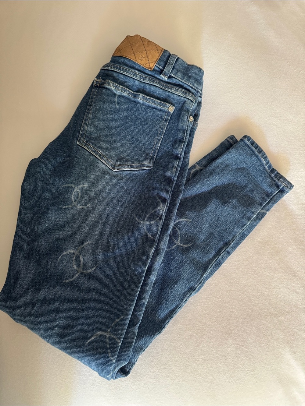 Blue Denim Skinny Jeans with Quilted Tan Waist Patch